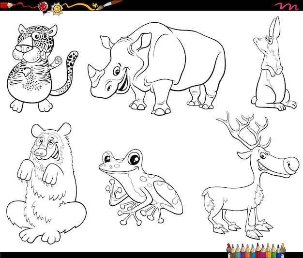 Cartoon wild animals characters set coloring page