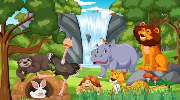 Cartoon wild animals in the forest