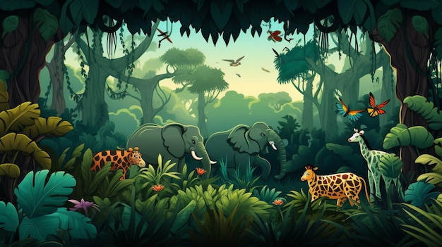 Vector a cartoon of wild animals and giraffes in a jungle