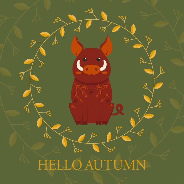 Cartoon Wild Boar with an Ornament on the Body Hello Autumn