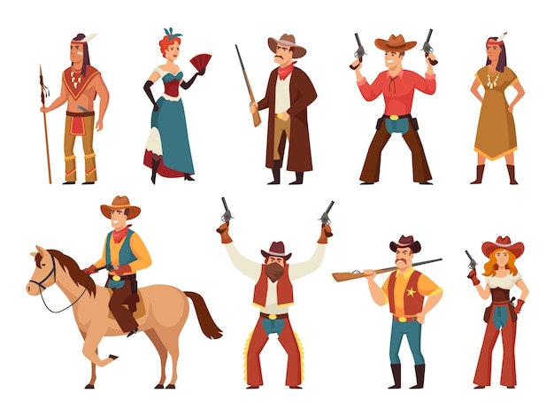 Vector cartoon wild west characters classic western cowboy and cowgirl native american warrior saloon dancer and sheriff vector illustration set