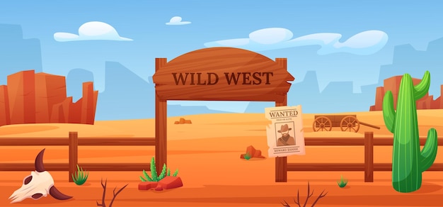 Vector cartoon wild west scene mexican or texas desert welcome board game location savannah plant wood western fence nowaday vector background