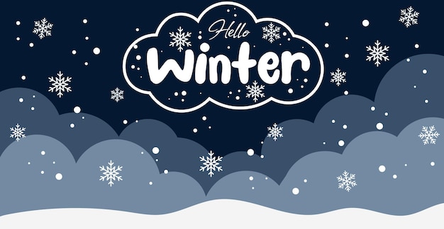 Cartoon winter background with snowdrifts snow and lettering hello winter