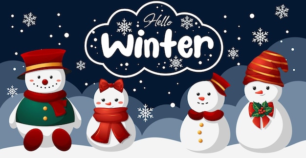 Cartoon winter background with snowmen snowdrifts snow and lettering Hello winter