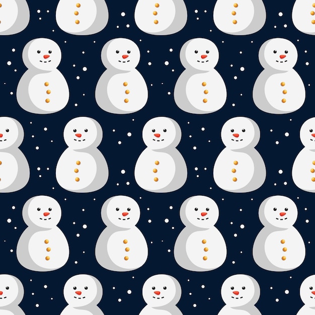 Cartoon winter pattern with snowmen and snow on dark blue background