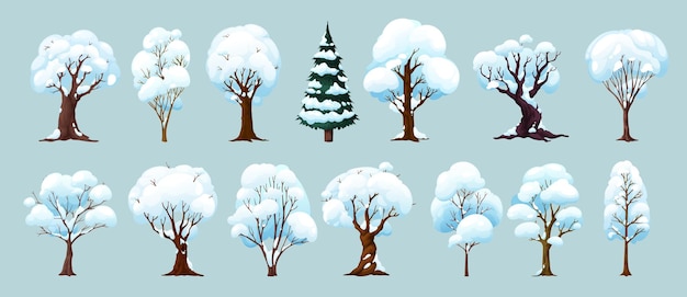 Cartoon winter trees forest and garden plants set