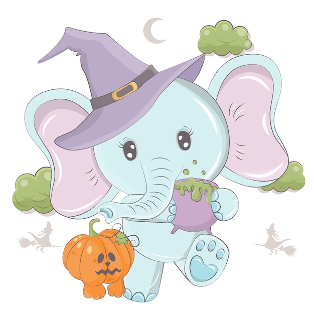 Cartoon witch elephant with pumpkin. Vector illustration of Halloween animal.