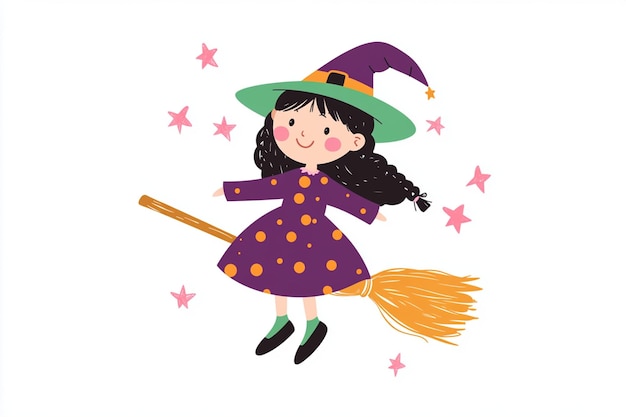 Vector cartoon witch girl flying broomstick