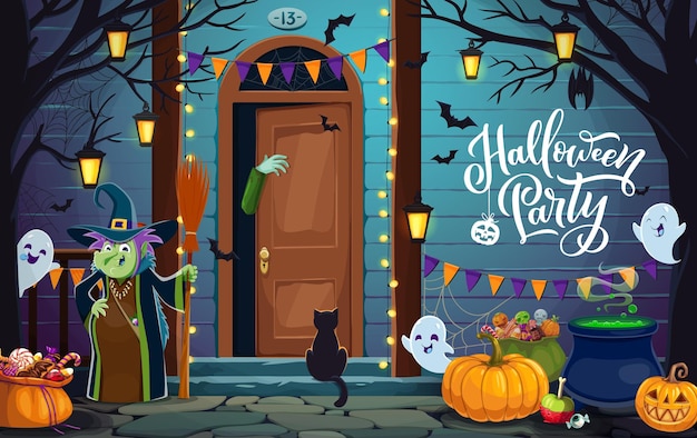 Cartoon witch on Halloween door porch with sweets