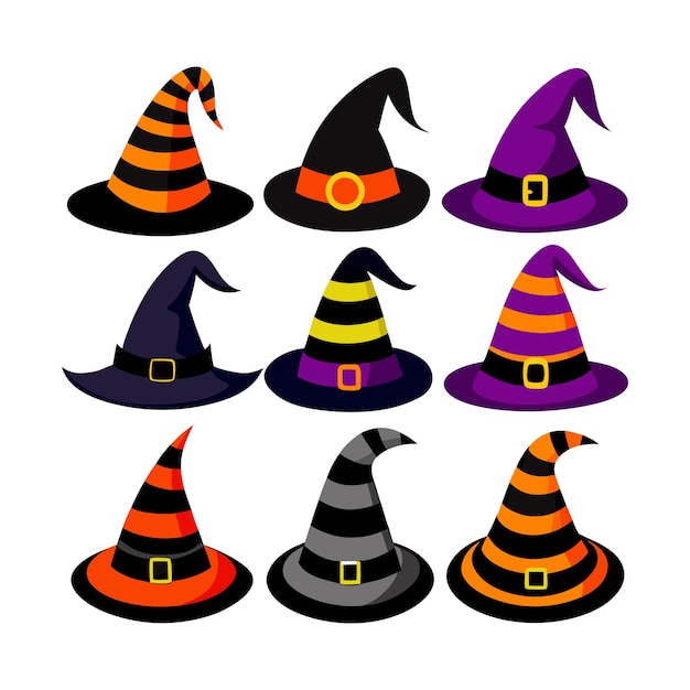 Vector cartoon witch hats colorful icons set wizard hat collection halloween costume element