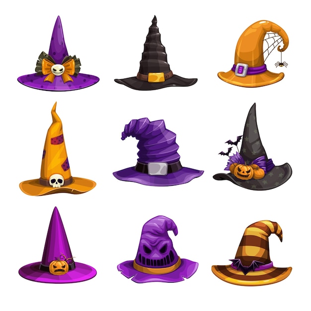 Cartoon witch hats colorful icons set Wizard hat collection