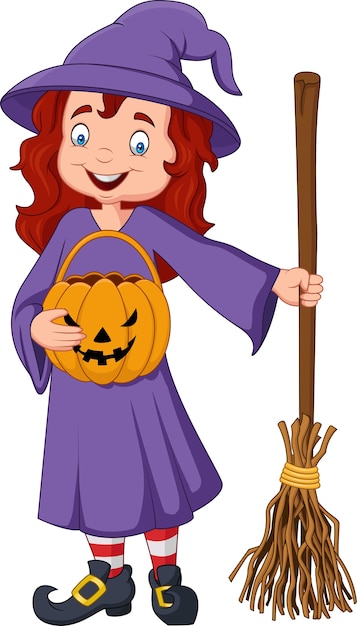 Vector cartoon witch holding broomstick