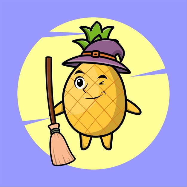 Cartoon witch shaped pineapple mascot with hat and broomstick cute stylish design