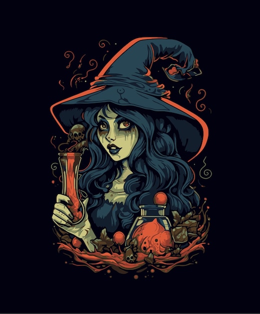 A cartoon witch with a bottle of potion