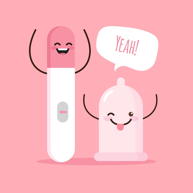 cartoon with condom and negative pregnancy test