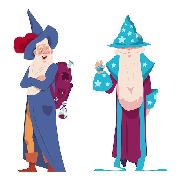 Vector cartoon wizard old man in robe costume and hat with beard magic spells in bag halloween magical character magician sorcerer witchcraft vector cartoon flat style isolated illustration