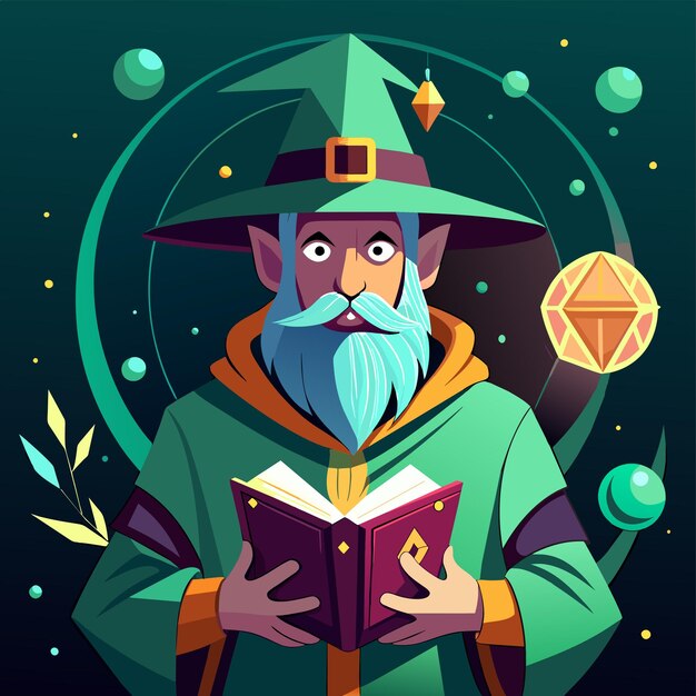 Vector a cartoon of a wizard reading a book with a green background