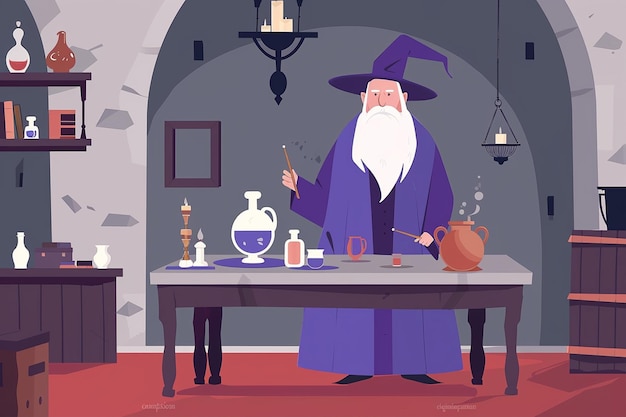 Vector cartoon wizard standing in his laboratory