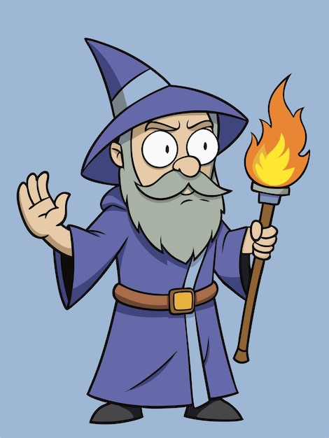 Vector a cartoon of a wizard with a torch and a fire