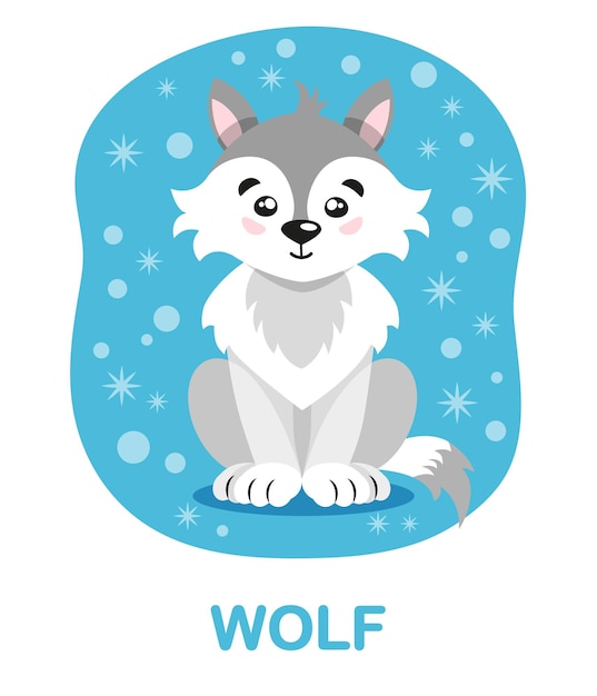 Cartoon wolf on a blue background Winter collection Cards for learning children