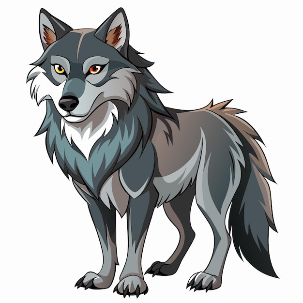 Cartoon Wolf with Grey and Brown Fur Standing on a White Background