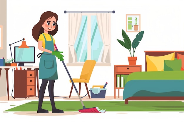 Vector cartoon of woman in apron cleaning