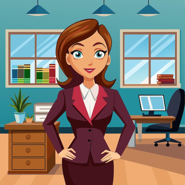 a cartoon of a woman in a business suit with her hands on her hips