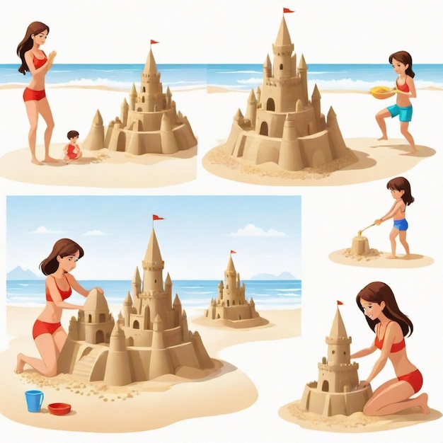 Vector a cartoon of a woman cleaning a sand castle with a child playing in the sand