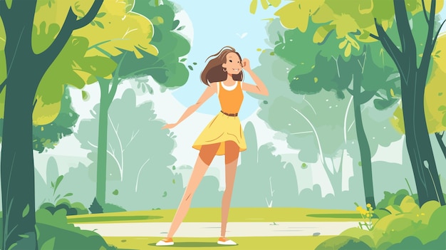 Vector a cartoon of a woman dancing in a park with trees and a blue sky