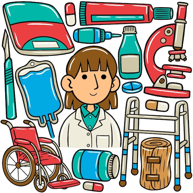 A cartoon of a woman doctor with a set of medical items