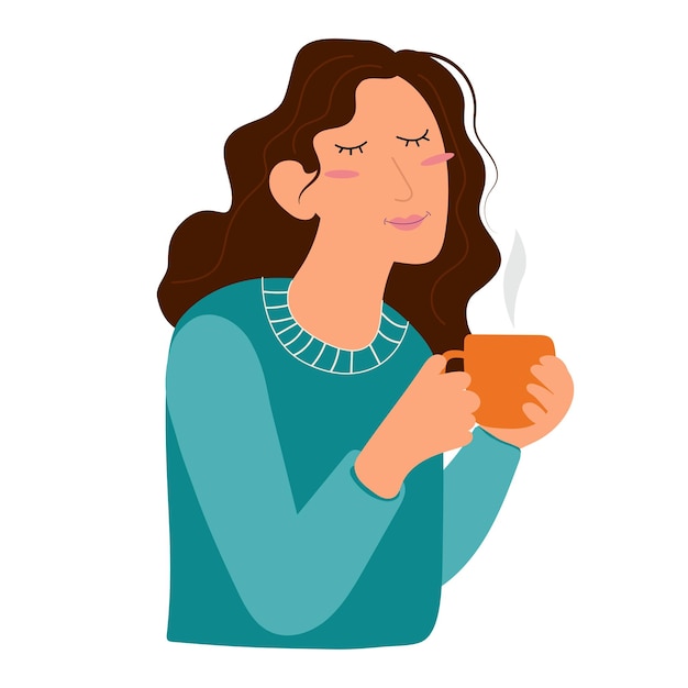 Vector cartoon woman drinking coffee - holding coffee cup vector illustration