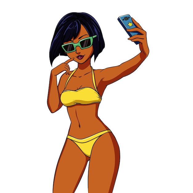 a cartoon of a woman holding a phone and a picture of a woman taking a picture