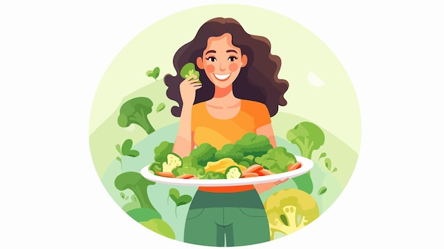 Vector a cartoon of a woman holding a plate of vegetables with a bowl of salad