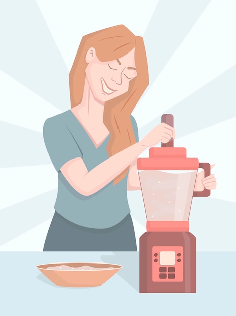 A cartoon woman is standing in the kitchen next to a blender.