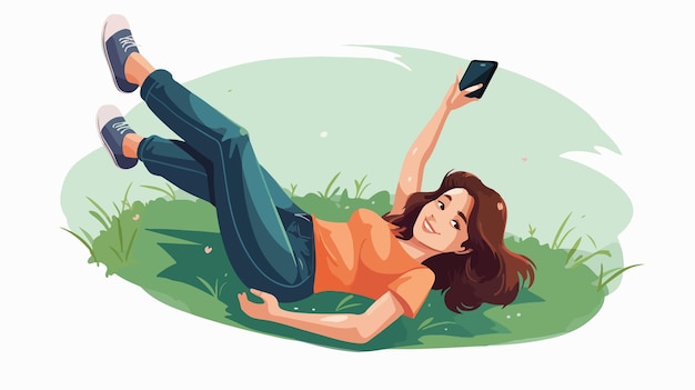 Vector a cartoon of a woman laying on the grass with a phone