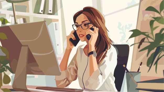 a cartoon of a woman on a phone and a monitor with a phone