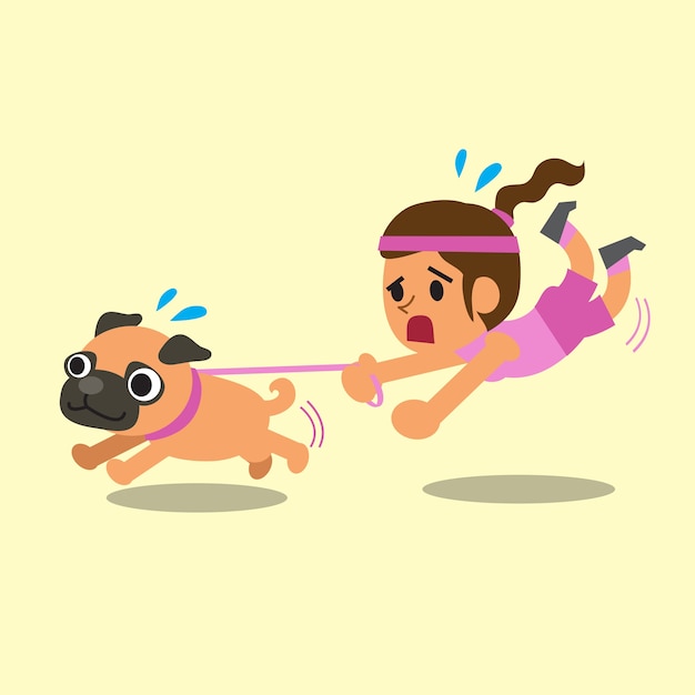 Cartoon woman pulled by her pug dog