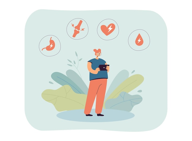 Cartoon woman reading about symptoms of diseases on phone. Stomach, bone, heart and blood symbols flat vector illustration. Medicine, health concept for banner, website design or landing page