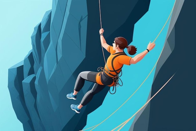 a cartoon of a woman on a rope above a cliff