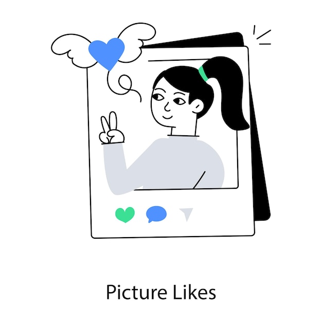 A cartoon of a woman on a screen that says picture likes.