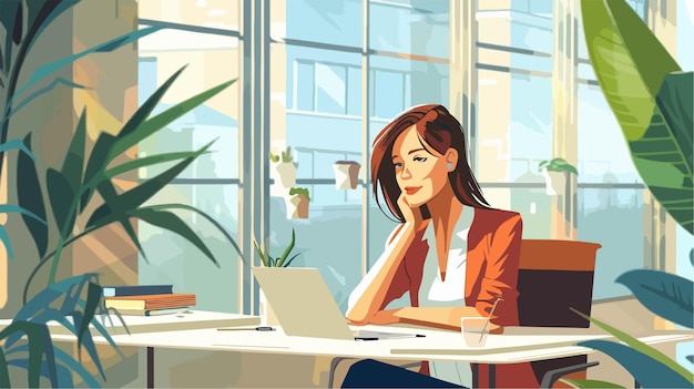 a cartoon of a woman sitting at a table with a laptop and a plant in the background