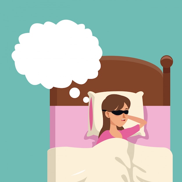 Cartoon woman sleeping wearing eye mask in bed