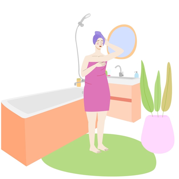 cartoon woman standing in the bathroom bathroom interior stock vector flat illustration isolated