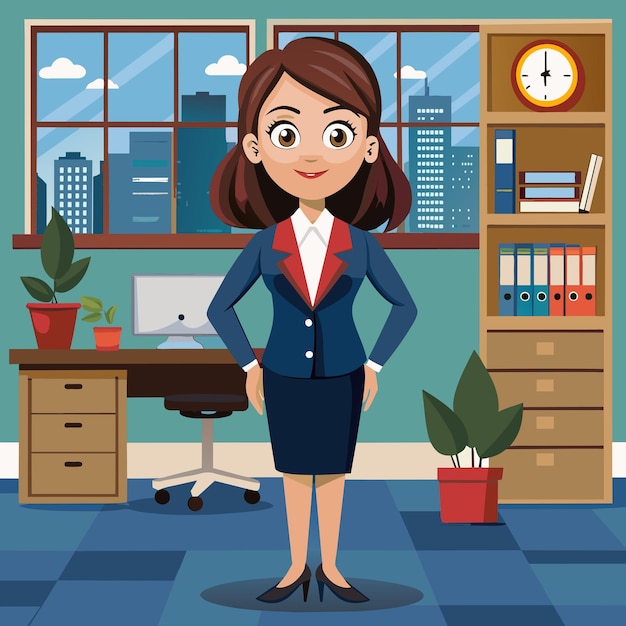 a cartoon of a woman in a suit stands in a room with a desk and a clock