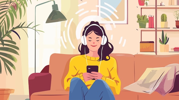 Vector a cartoon of a woman wearing headphones and sitting on a couch