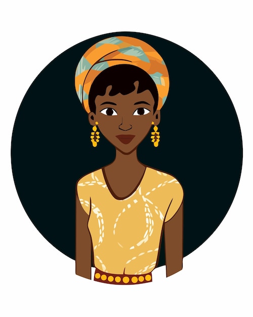 A cartoon of a woman wearing a yellow head scarf and a yellow dress.