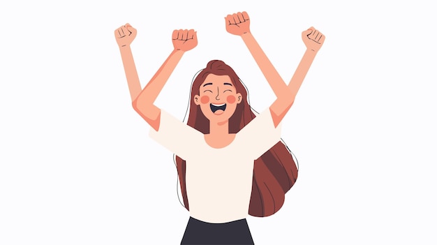 Vector a cartoon of a woman with arms raised in the air with the words happy and happy