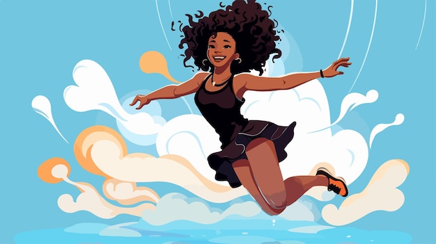 a cartoon woman with black hair is jumping in the air