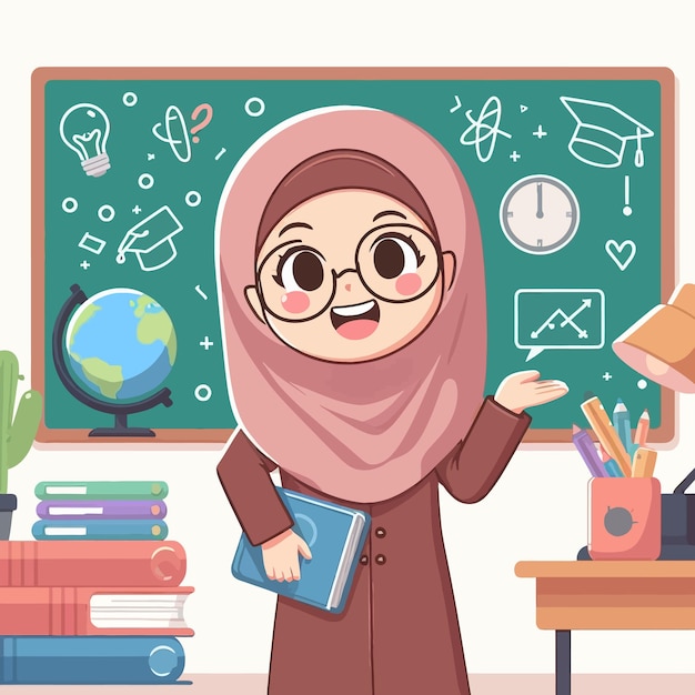 a cartoon of a woman with glasses and a book in front of a chalkboard with the words  no