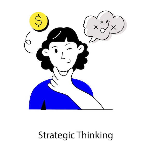 Vector a cartoon of a woman with a hand on her chin and a sign that says strategic thinking.